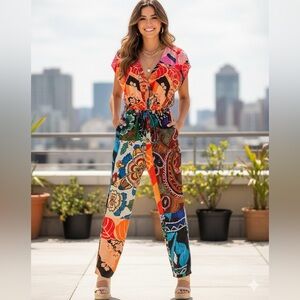 DESIGUAL Boho Patchwork Mixed Print Jumpsuit "Life is Awesome" - Size L